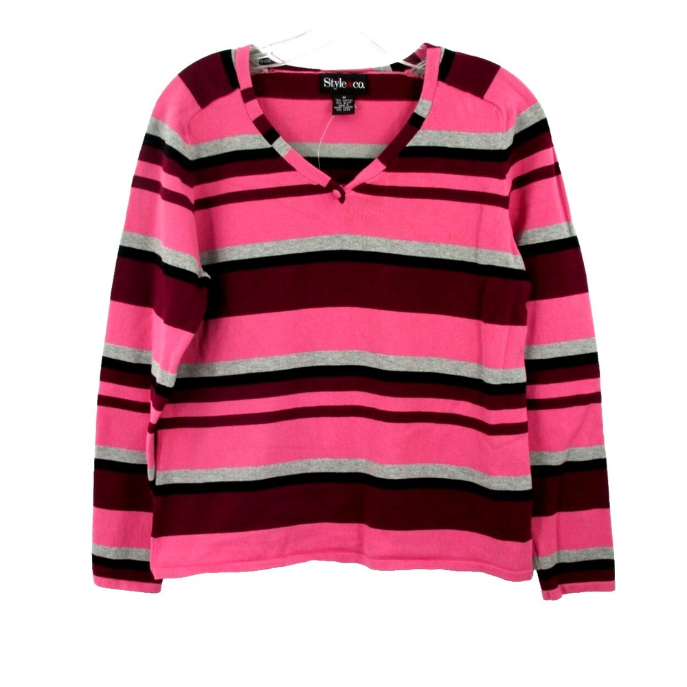 NWOT STYLE & CO Pullover Knit Top Women Med Pink Multicolor Stripe Retro V-Neck